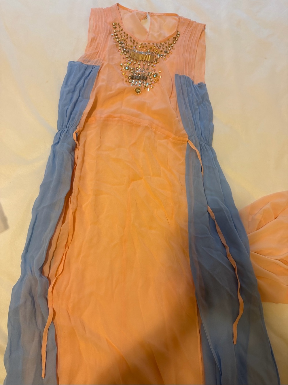 Peach & Light Blue Embellished Sleeveless Maxi Dress